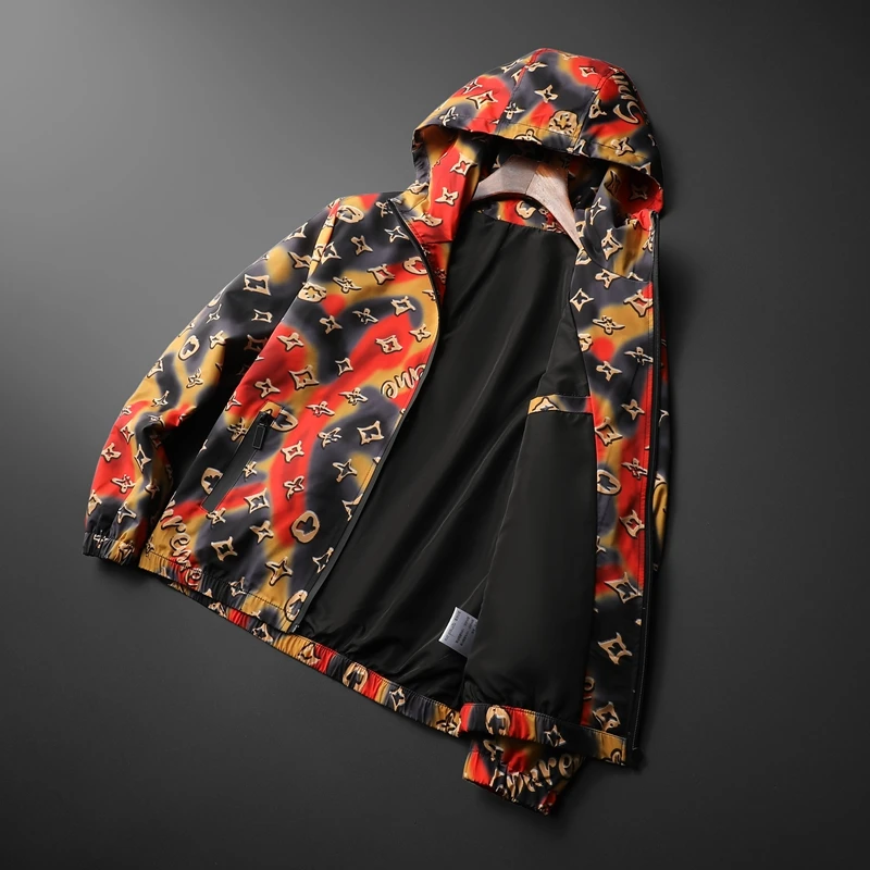 

Men Hot Sale Hooded Jacket Great Designer Orange Print Pattern Men's Jacket with Hat Outerwear Coat 5XL J2758
