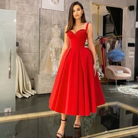 charming red tea length evening dress 2021 sexy sweetheaert pleats spaghetti straps sleeveless prom party gowns
