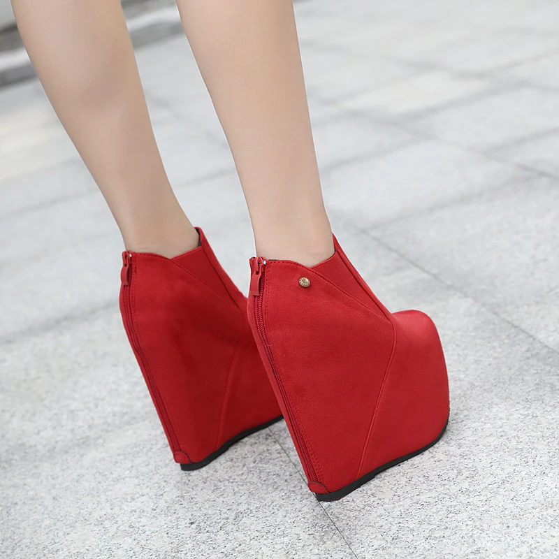 

16cm Heeled Black Platform Boots Autumn Shoes Women 2021Red Suede Wedges Shoes Ladies High Heels Ankle Boots Botas De Mujer