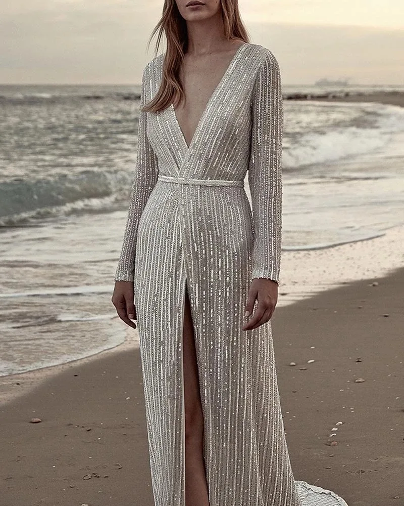 

Elegant Vestido Full Sleeved Long Dress Silver Sequined Party Dress Stretch Floor Length Bodycon Maxi Dress