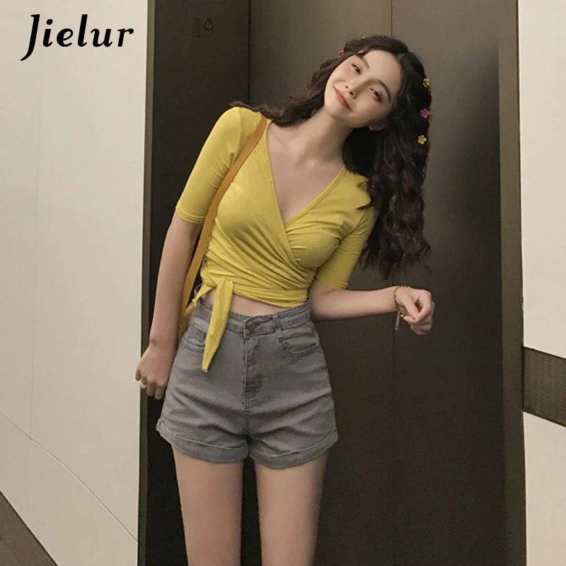Женские джинсовые шорты Jielur черные облегающие джинсы с высокой талией модель 2020