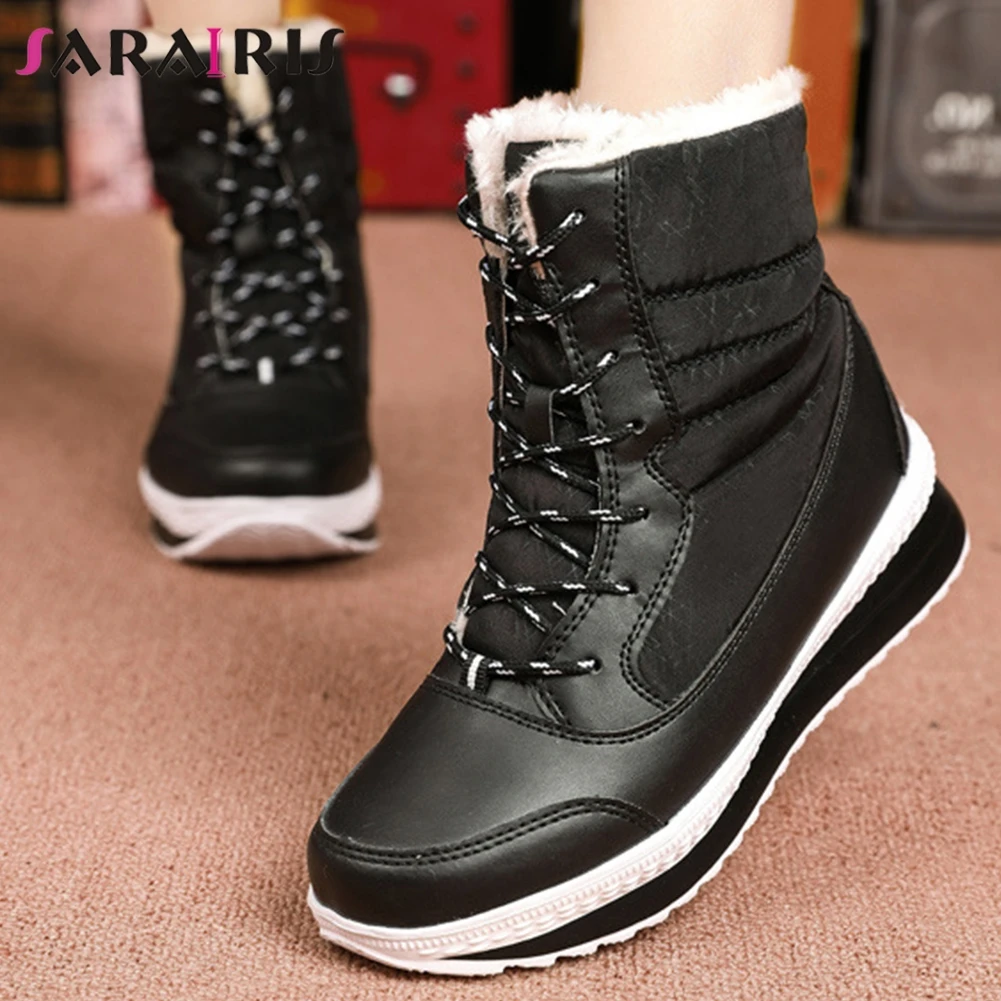 SARAIRIS Winter Waterproof Snow Boots Woman Add Fur Warm Ladies Shoes Woman Fashion Thick Heels Lace Up Boots Female Size 35-42