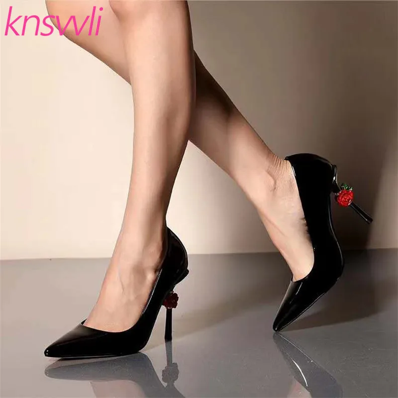 

Rose Flower Heels Women Pumps Patent Leather Pointed Toe Shoes Ladies Sexy Stiletto Bride Shoes High Heels Party Shoes Woman