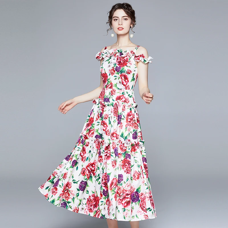 

2020 New Summer Women Dress High Quality Gorgeous Flowers Print Sexy Spaghetti Strap Dress Elegant Big Hem Slim Long Dress