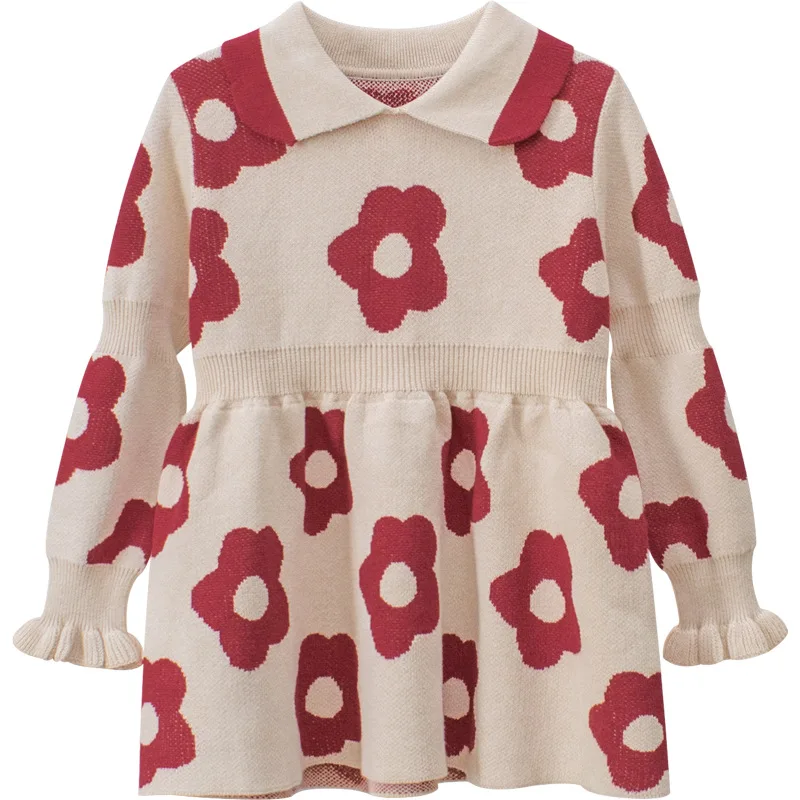 

Girls Sweater Dress 2020 New Children's Clothing Middle and Small Children Princess Dress Flowers All-match Girl Base Dress