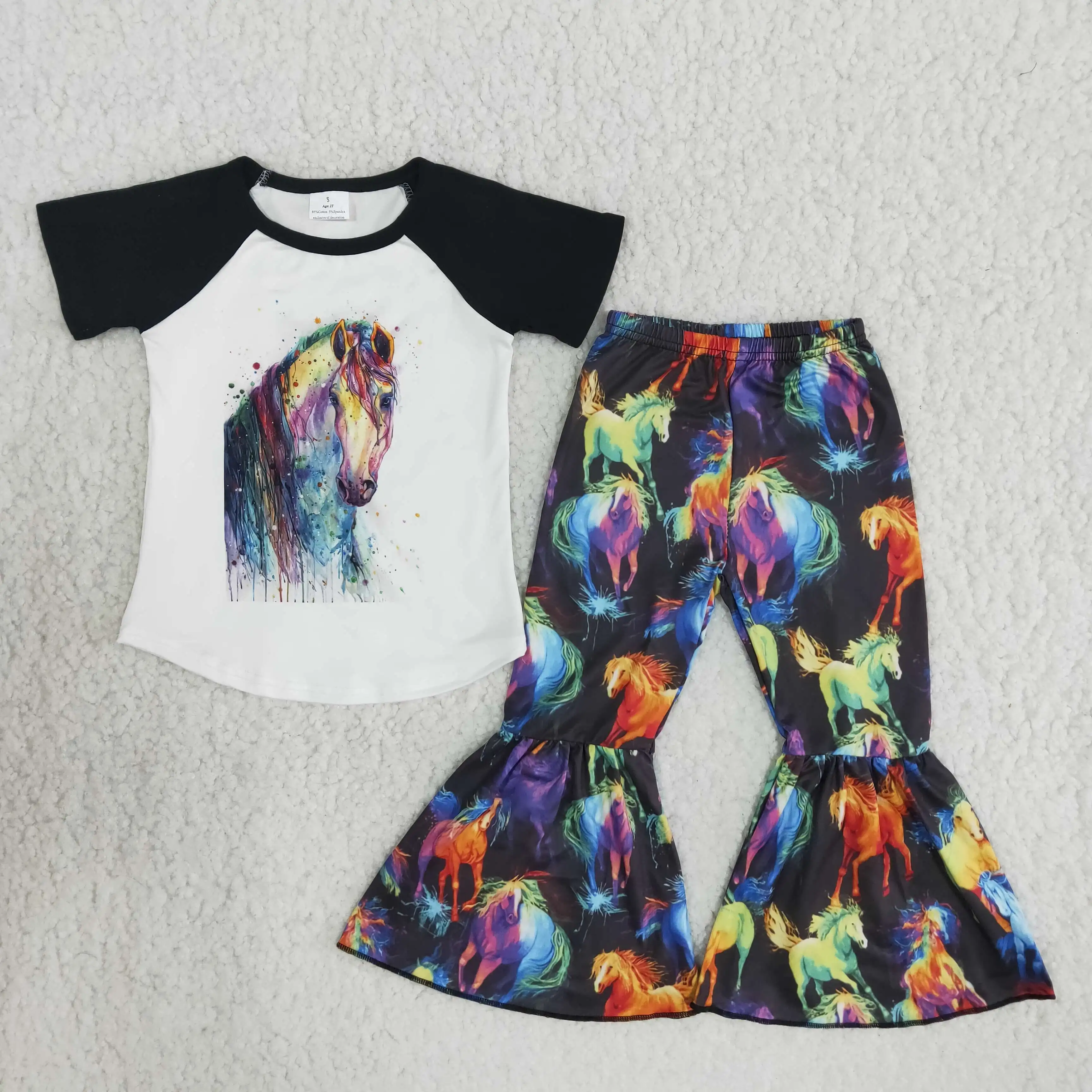 

NEW ARRIVAL Colorful Horse Short Sleeve Raglan T-shirt Bell Bottom Pants for Baby GIrls