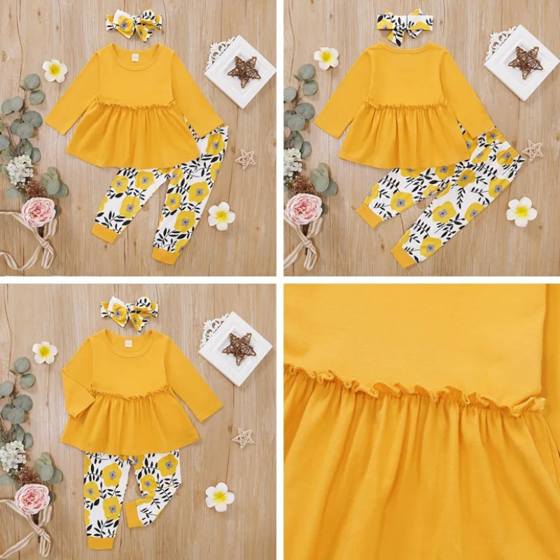 

Autumn Baby Girl Casual Baby Suit Baby Clothing Costume Long Sleeve Solid Blouse Dress+Floral Print Pants+Headband Set