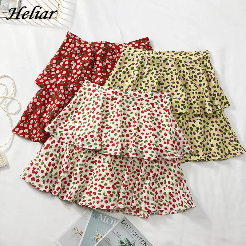 Женская юбка с высокой талией Heliar повседневная миди в полоску принтом оборками