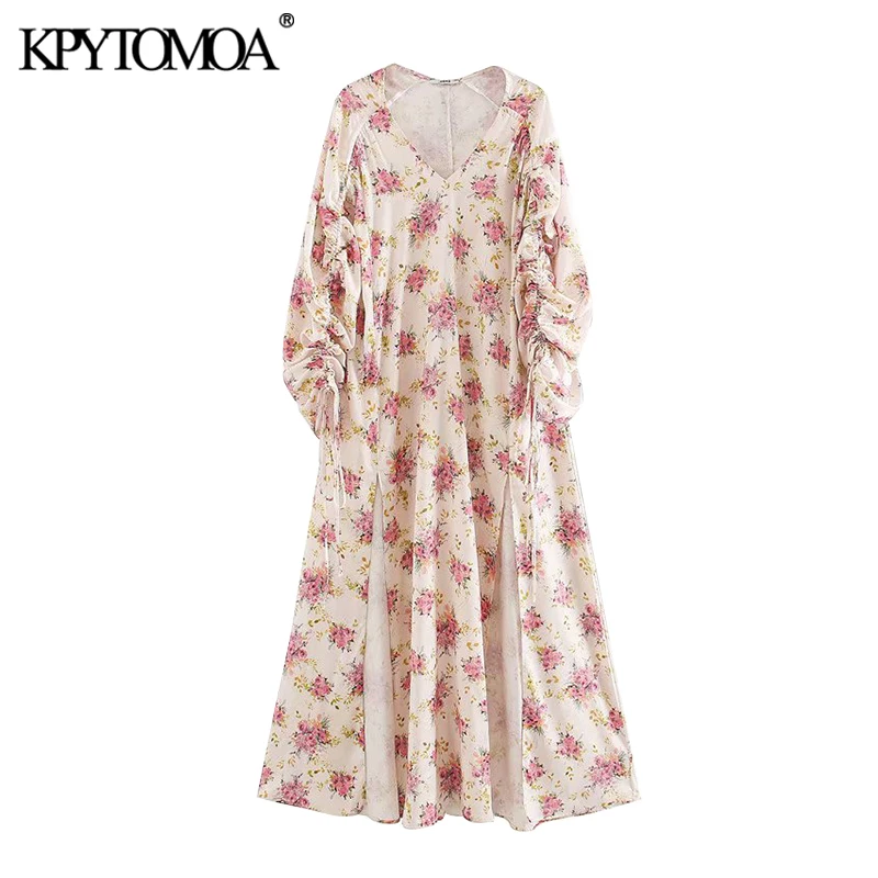 

KPYTOMOA Women 2021 Chic Fashion Floral Print Midi Dress Vintage Drawstring Three Quarter Sleeve Slit Female Dresses Vestidos