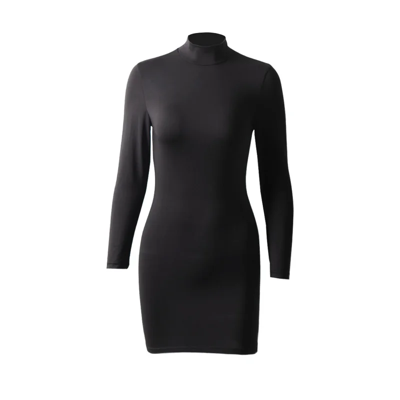 

High Collar Long Sleeve Sexy Slim Hip Dress Empire Waist Turtleneck Solid Color Black Mid-Calf Sheath Dress In Autumn