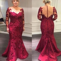 cheap red mother of the bride dresses evening appliques beaded plus size o neck lace long sleeves mermaid gowns abito sposa