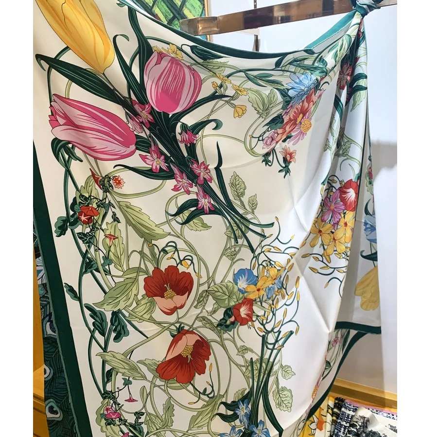 

Floral 100% Silk Scarf Thicken 16mm Large Square Silk Scarves Wraps Shawl for Women Foulard 106x106cm