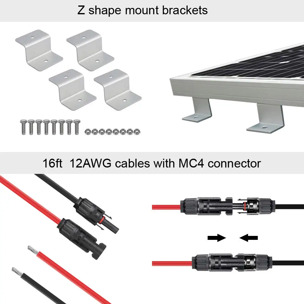 ECO WORTHY 12V 100W Monocrystalline Solar Panel + 20A LCD Charge Controller a Pair of 16ft Cables Z Bracket for RV|polycrystalline solar