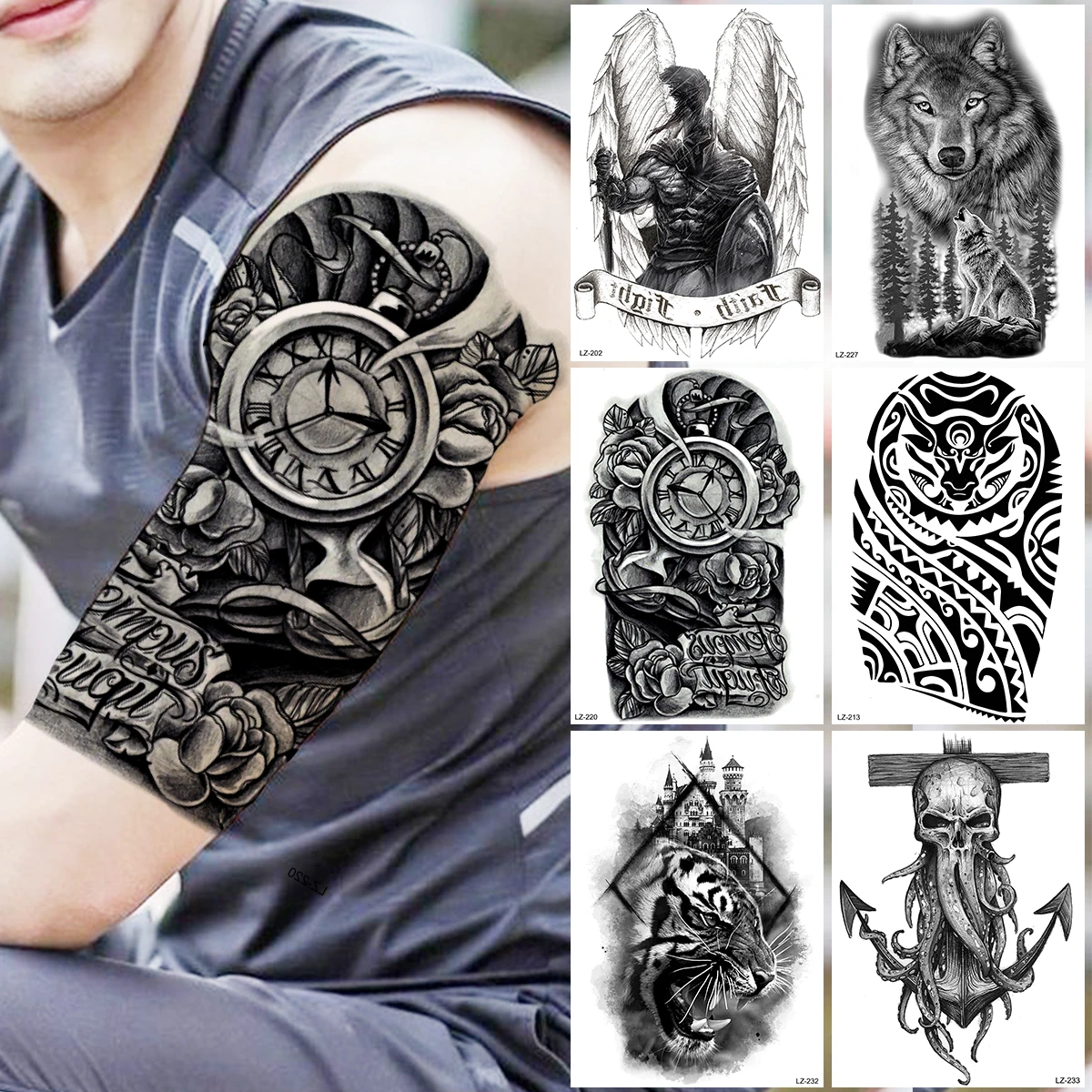 

Compass Flower Temporary Tattoos For Men Adults Wings Knight Tiger Wolf Lion Thorns Octopus Fake Tattoo Sticker Arm Neck Tatoos