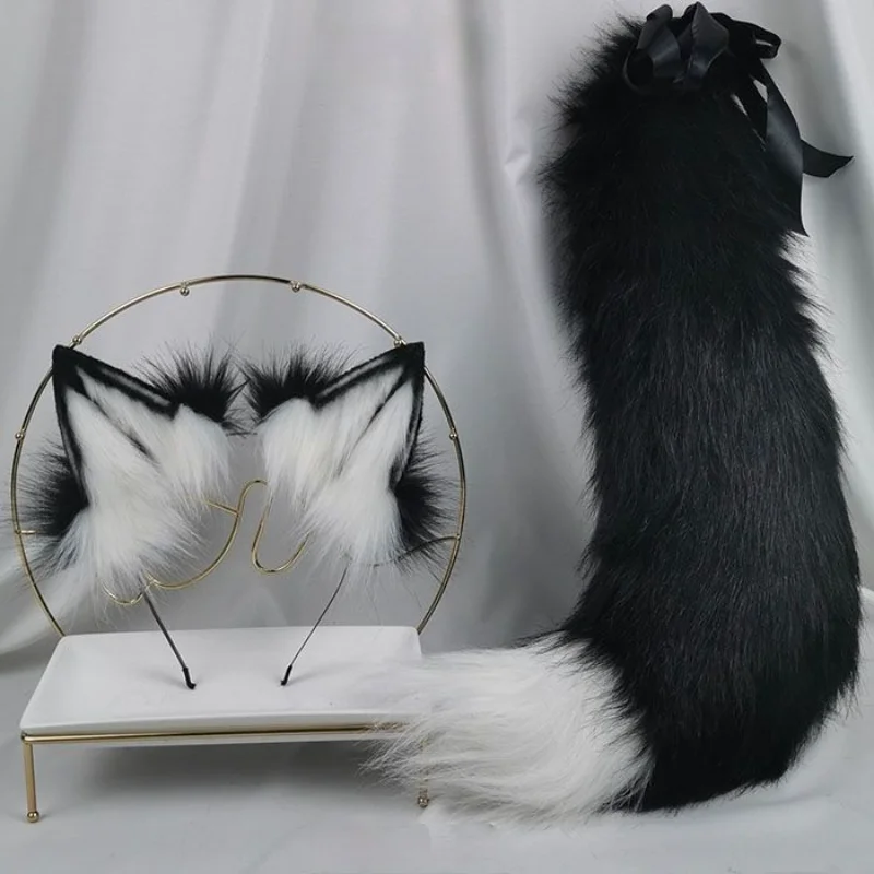 

Handmade Black and White Wolf Fox Ears and Tail Set Lolita KC Beast Tail Hair Hoop Hairbands Headwear Cosplay Christmas Party