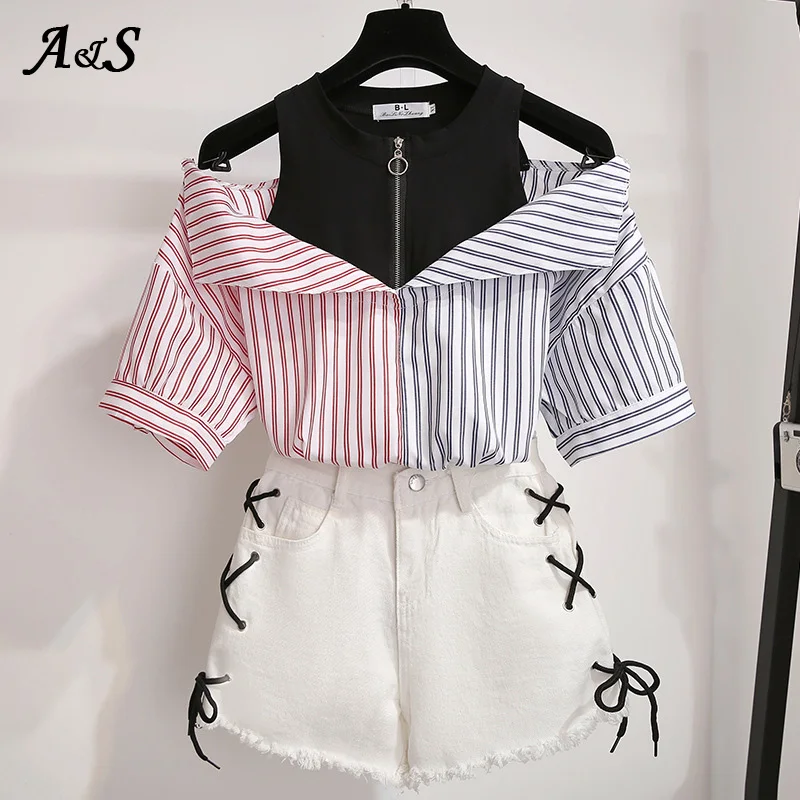 Anbenser 2 Pieces Shorts Sets Summer Sweet Korean Off Shoulder Tops And Shorts 2 Pieces Sets Women Clothing Two Pieces Outfits