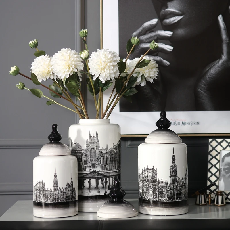 Черная белая европейская бутылка для хранения с архитектурным рисунком ваза