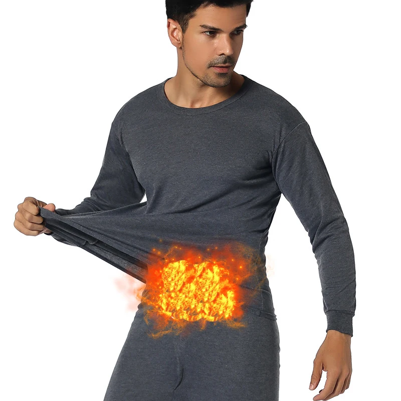 Мужское зимнее теплое толстое термобелье костюм с круглым вырезом однотонный