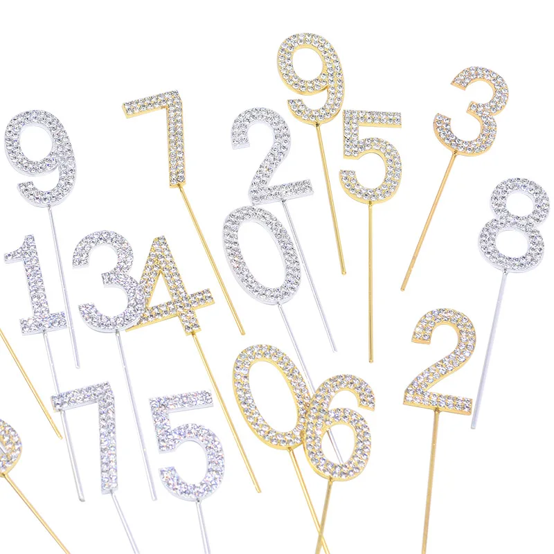 

1pc Number "0-9 "Cake Ornament Shining Gold Silver Diamond-studded Cupcake Topper For Wedding Birthday Party Decoration Supplies
