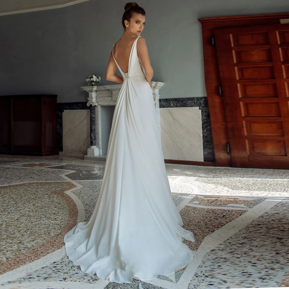 

Vestidos Elegant Wedding Dresses Chiffon Sashes V-Neck Sleeveless Backless A-Line Sweep Train Bridal Gowns