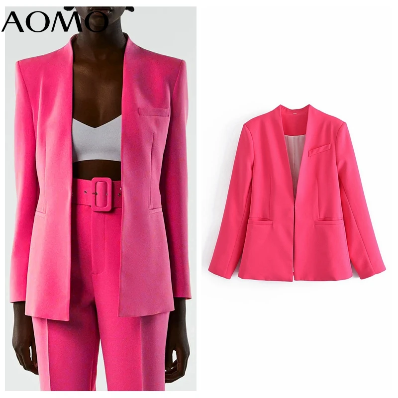 

AOMO Women Vintage Hotpink Blazer Female Long Sleeve Elegant Jacket Ladies Work Wear Blazer Formal Suits QN34A