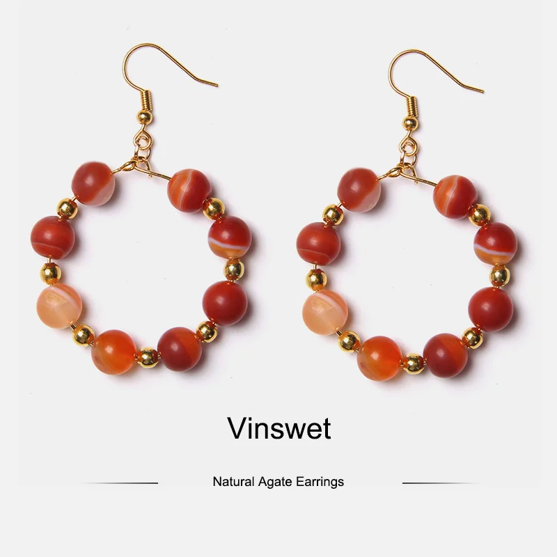 Женские большие круглые серьги-подвески с бусинами из натурального камня Агаты