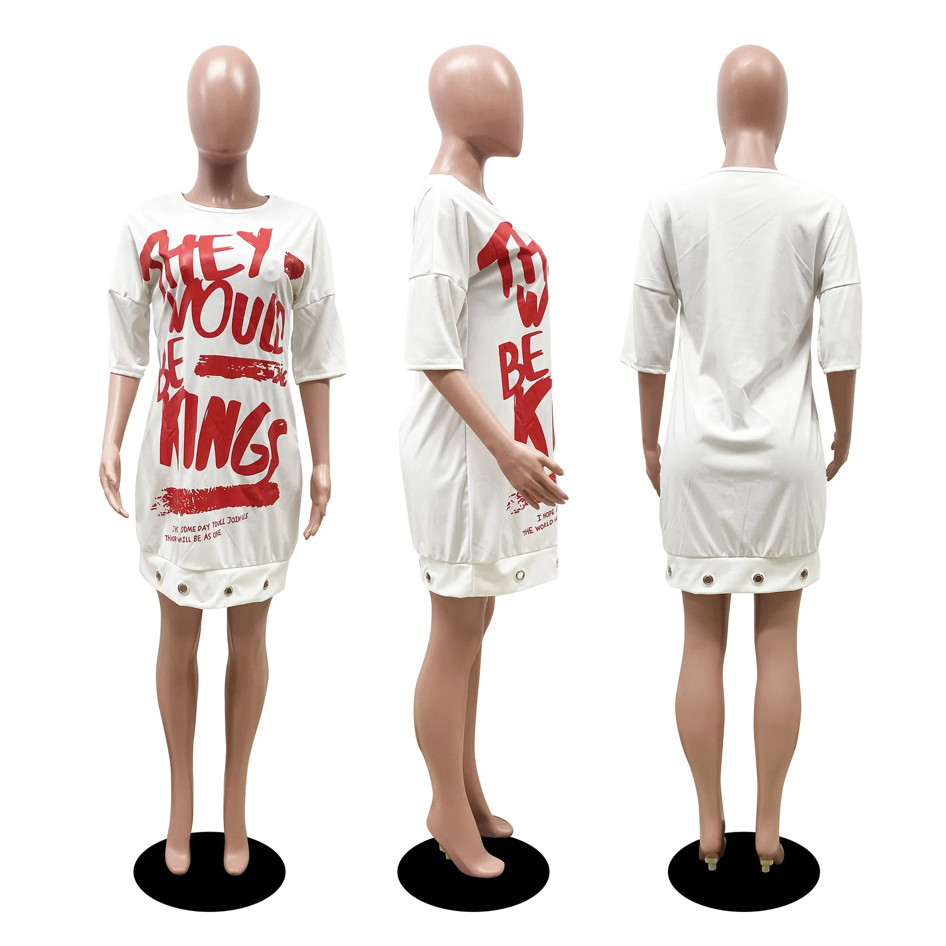 

Women Dress Letter Print O-neck Half Sleeve Loose Slim T-shirt Dress