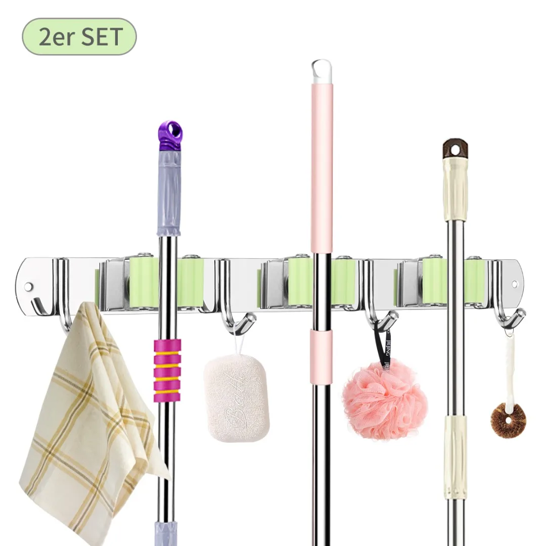 

2 pcs Stainless steel mop, stand broom holder wall with 3M rubber strip