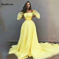 smileven yellow off the shoulder prom dresses puff sleeve with flowers formal evening party gowns vestidos de festa longo 2020