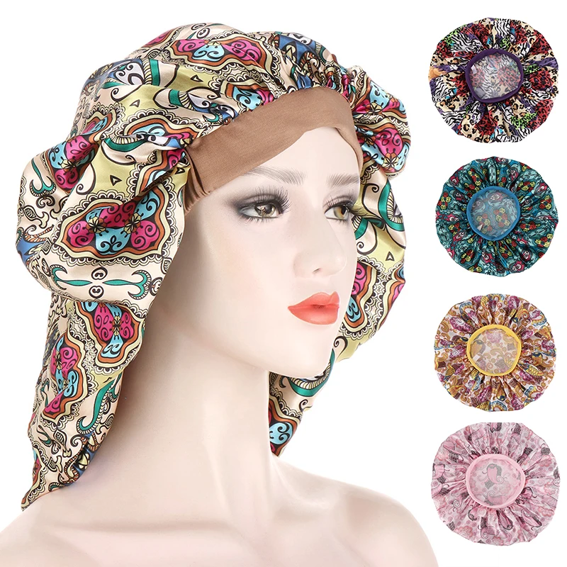 

Vintage Satin Night Cap Printed Bonnet Sleep Cap Elastic Band For Women Head Wrap Brimmed Nightcap Night Hat Hair Care Cap