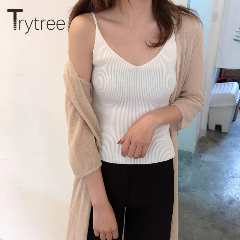Trytree весенние сексуальные майки Женский Топ жилет с v образным вырезом вязаные