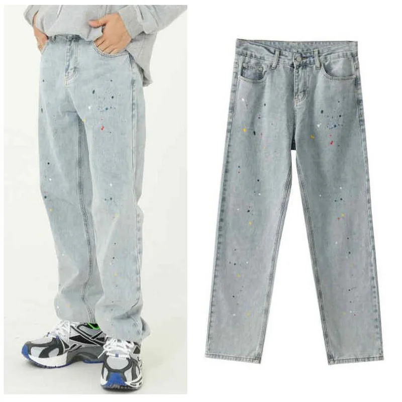 Hip Hop Paint Splashed Jeans Loose Straight Jeans Male Youth Hip Hop Retro Hole Jeans Straight Pants