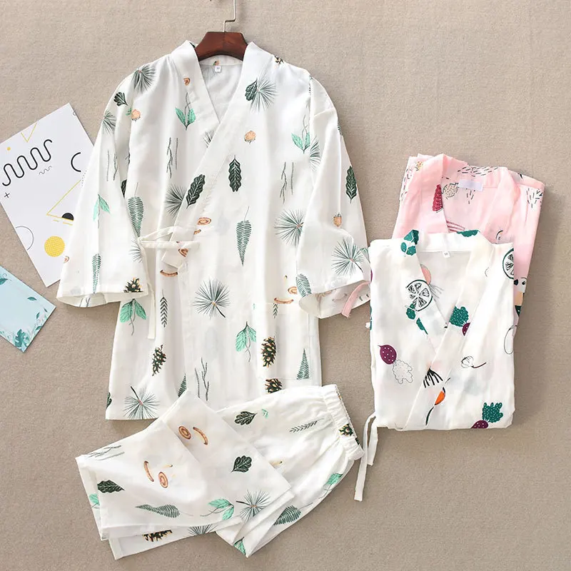 

Летнее женское хлопковое кимоно юката, тонкая двухслойная газовая пижама с принтом, комплект японских кимоно и брюк, домашняя одежда