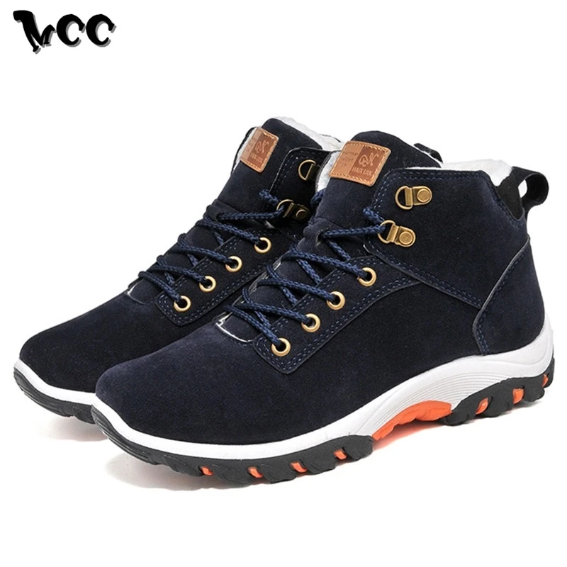 

Men Snow Boots Winter Cotton Shoes with fur Lace-up Sneakers Warm Fleeces Ankle Boots High Flat Casual Shoes Solid Anti-skid