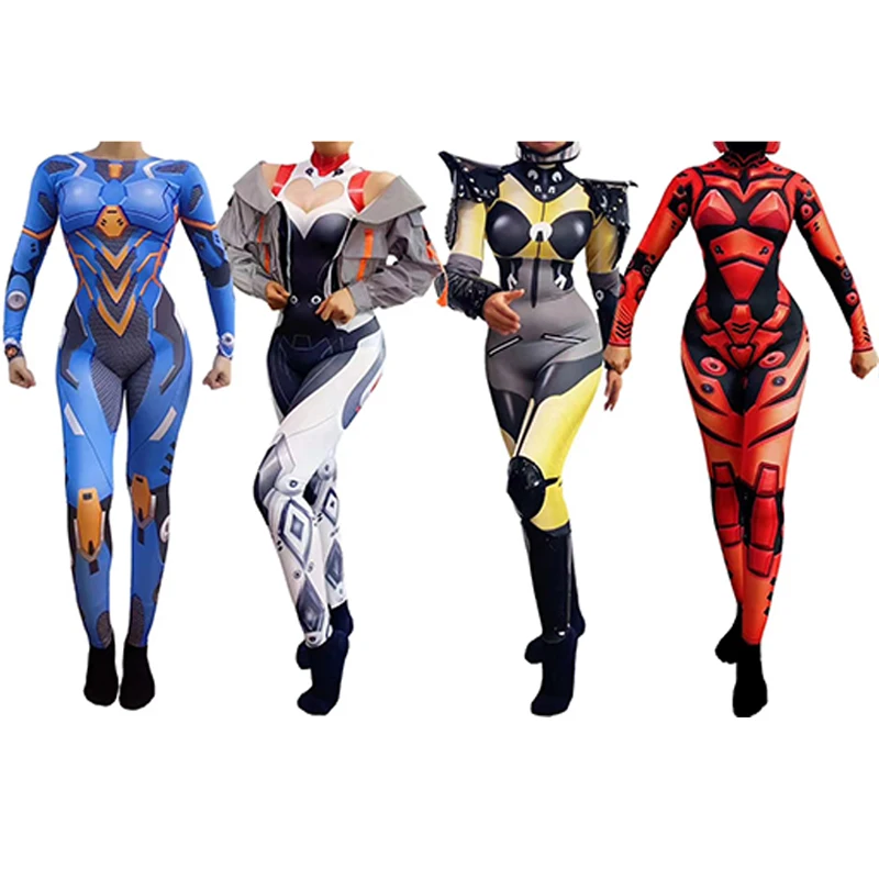 

Future Warrior Jumpsuit Cosplay Costume Long Sleeve Stretch Printed Dj Gogo Dancer Outfit Headgear One-Piece Stage Wear VDB3166