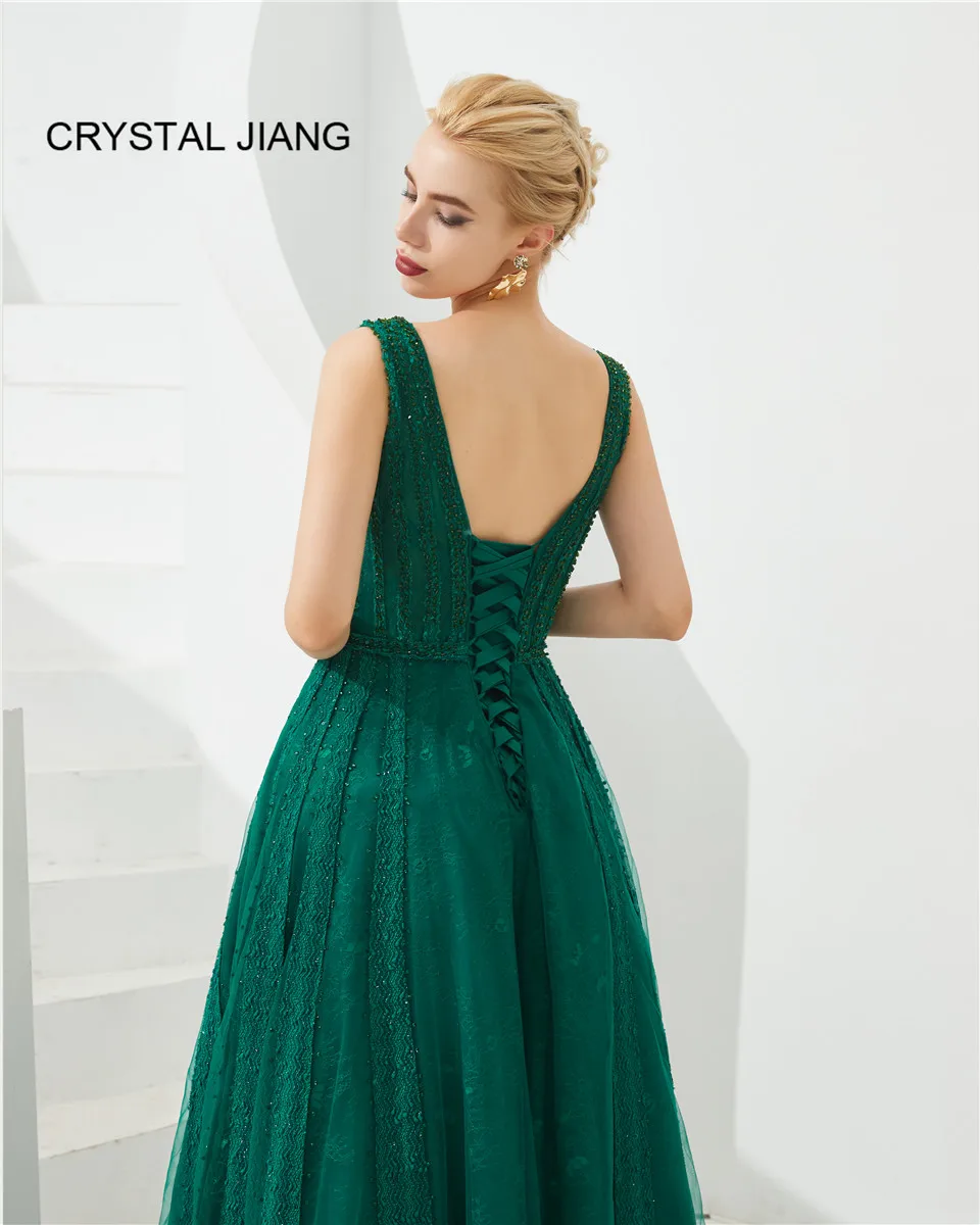 

Robe De Soiree Sexy V Neck Green Lace Evening Dresses Long A Line Open Back Floor Length Formal Gown for Special Occasion