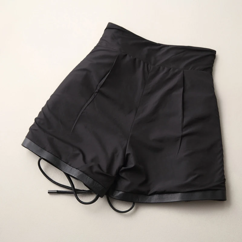 Шорты женские из 100% натуральной кожи зимние черные свободные со средней талией