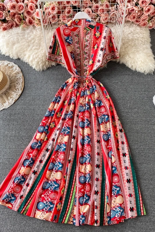 

new beach holiday Maxi Dress summer women's elegant V-neck loose embroidery A-line dress print red robes 2021 Boho Dress
