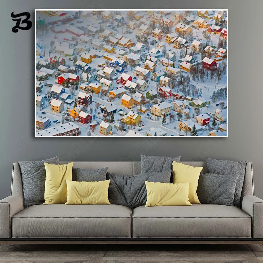 

Canvas Painting Wall Art Landscape Oil Painting Snow Mountain Town Scenery Canvas Posters and Prints for Living Room Home Decor