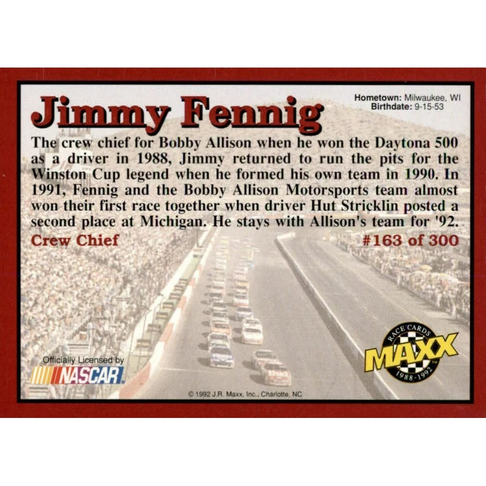 Maxx 1992 NASCAR collection card No. 163 Jimmy Fennig | Game Collection Cards
