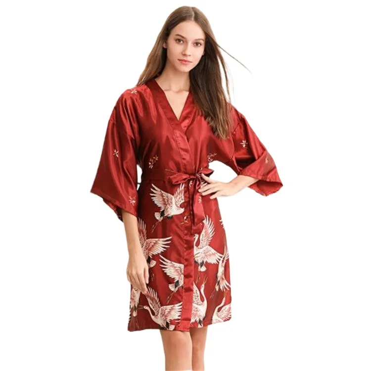 Crane Printed Large Women's Robe Three Quarter Gowns Loose Bathrobe Home Wear Silk Nightgown Bridesmaid Clothes Sleepwear