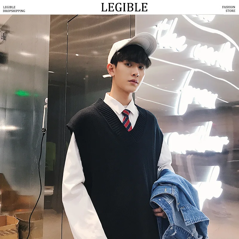 Разборные корейские свитера мужские однотонные свободные Джемперы без рукавов