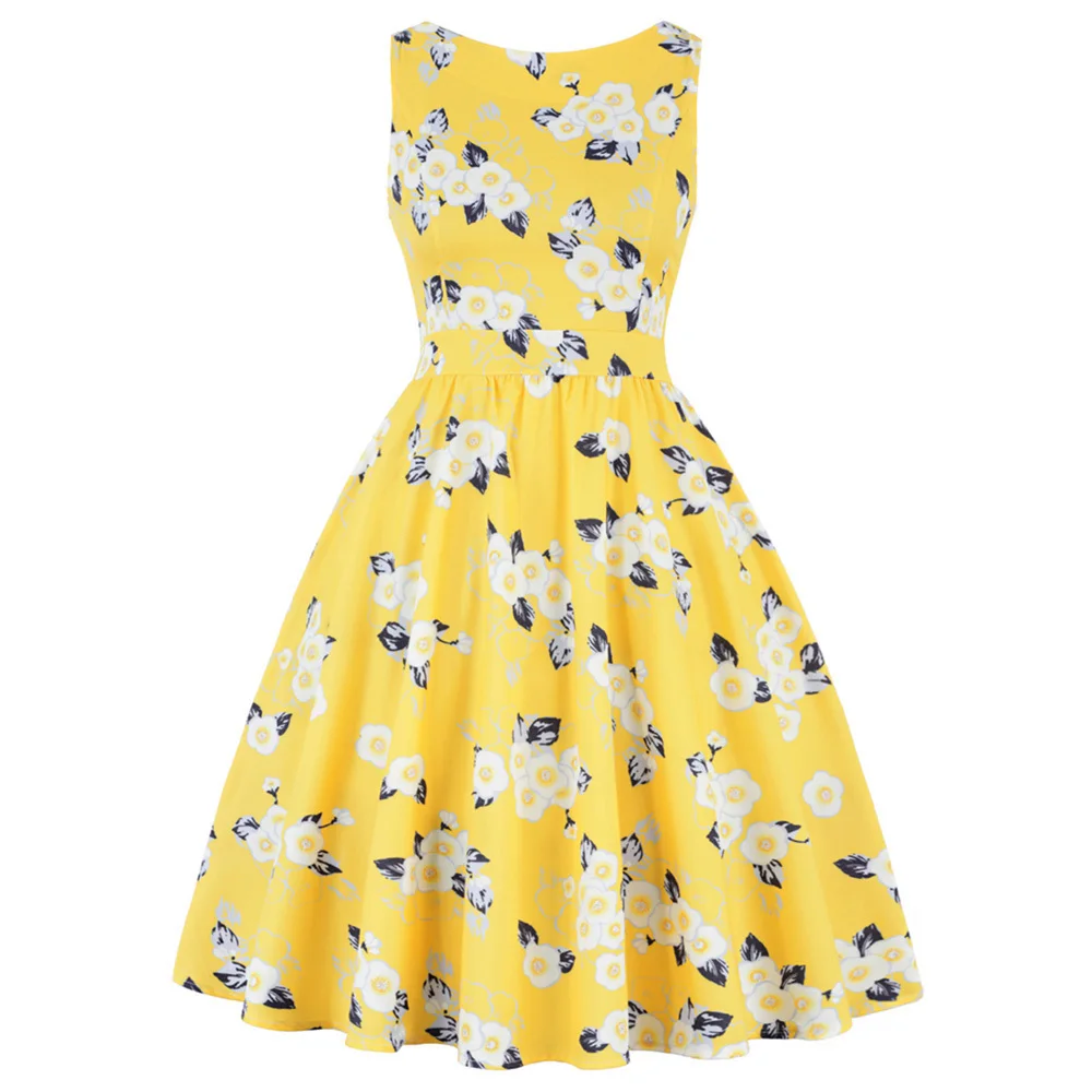 Женское платье с принтом размера плюс летнее ретро круглым вырезом без рукавов 60s