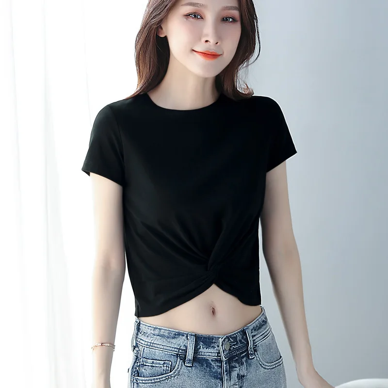 

Women Cotton T-shirt Round-neck Short Sleeve Solid color All match Lady Top for Summer spring women Casual Shirt