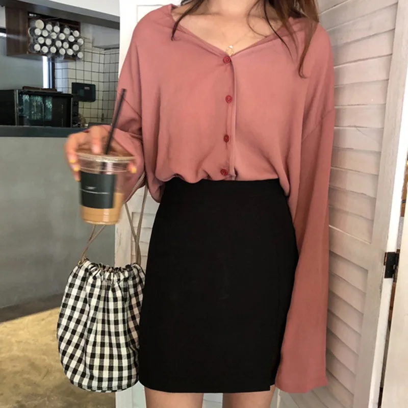 

Spring Casual Blusas Women V Neck Button Long Sleeve Blouses Female Cozy Chiffon Loose Shirts Soft Crop Tops Femme Ropa Mujer