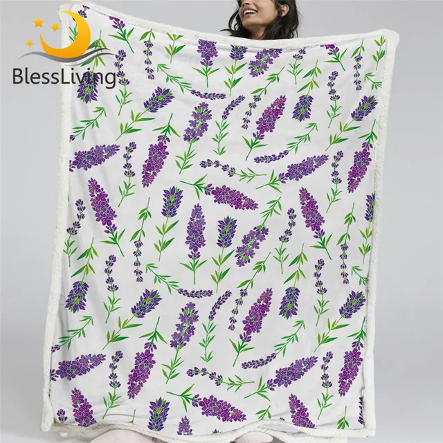 BlessLiving Lavender Sherpa Blanket Purple Flowers Soft Blanket Watercolor Plants Floral Plush Blanket Leaf Bedding Cobertor 1