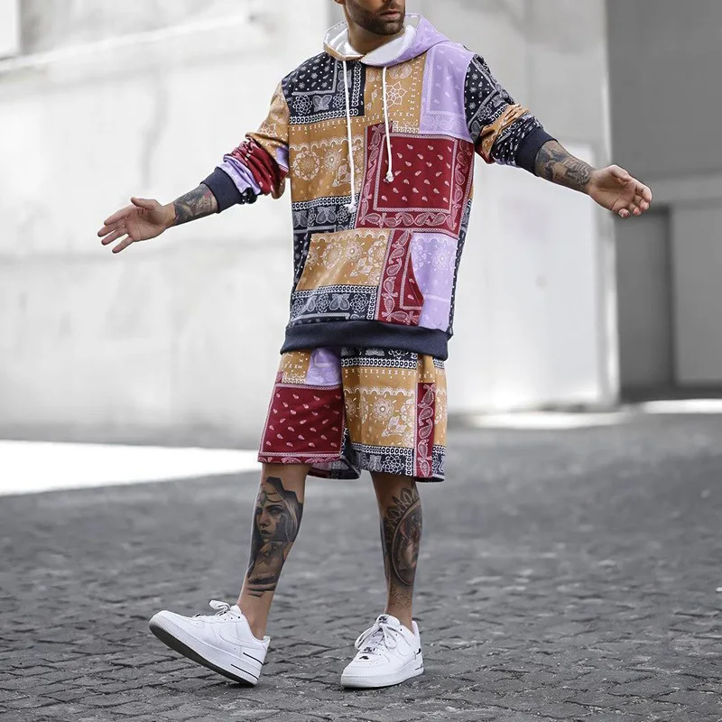 

Men Casual Two Piece Sets Fashion Printing Long Sleeve Hooded Tops And Short Pant Suit Mens 2021 Autumn Loose Outfits Streetwear