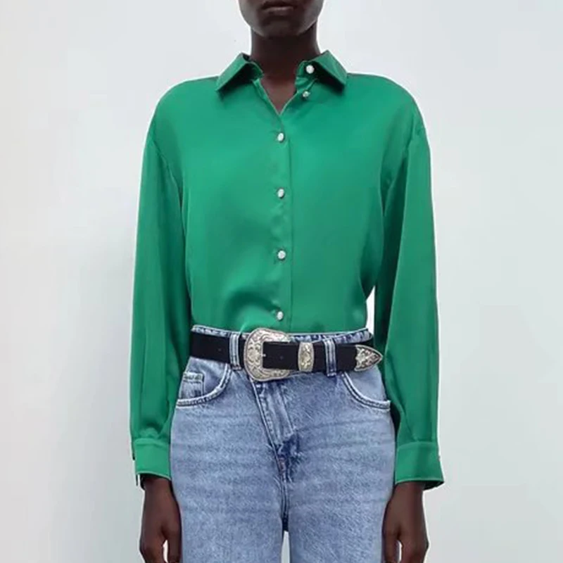 

Женская атласная рубашка на пуговицах, однобортная рубашка с длинным рукавом и лацканами, модель BB4445 на осень, 2021