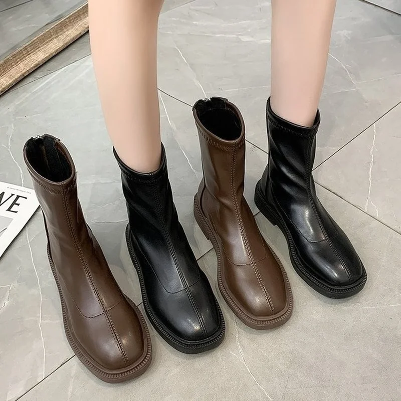 2021 Fall New Boots for Women Fashion Medium Tube Leather Stitching Ladies Boots Korean Fashion Solid Women Boots Shoes Woman