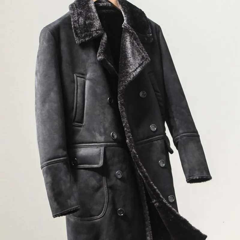 Зимнее Мужское пальто из овчины длинная теплая куртка с толстой меховой